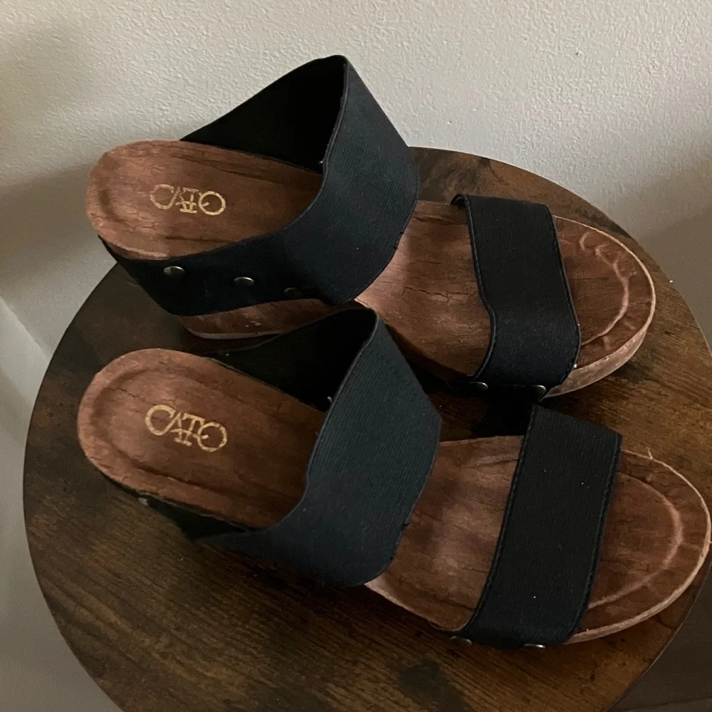 Cato Black Elastic Double-Strap Wedge Sandals